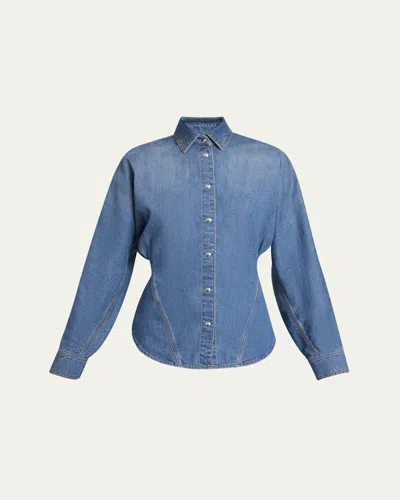 ALAÏA SEAMED BUTTON-DOWN DENIM TOP
