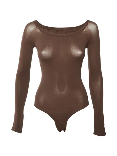 Pre-owned Alaïa Second-skin Off-shoulder Bodysuit In Brown
