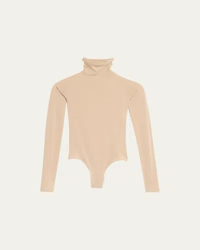 Alaïa Semi-sheer Turtleneck Bodysuit In Camel Clair