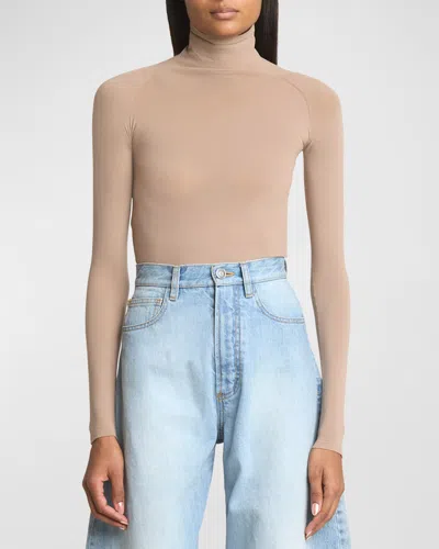 Alaïa Semi-sheer Turtleneck Bodysuit In Beige