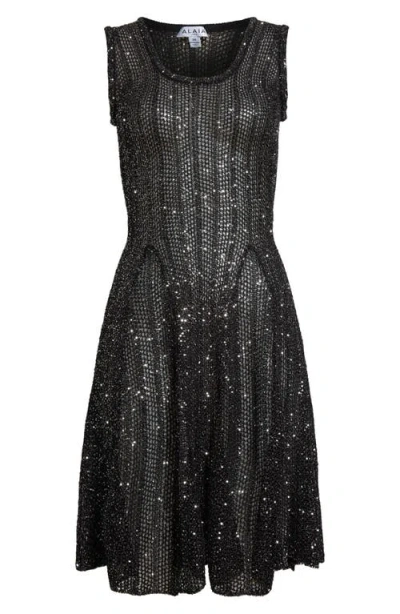 Alaïa Sequin Open Stitch Sleeveless Skater Dress