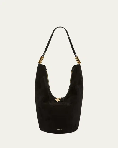Alaïa Shape Medium Bucket Bag In Suede And Leather In Noir