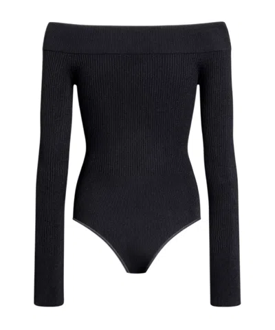 Alaïa Shapewear Ribbed Knit Off-shoulder Bodysuit In Black