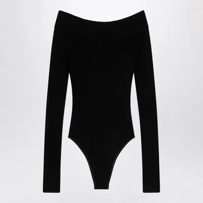 Alaïa Alaia Shaping Ribbed Knit Off-shoulder Bodysuit Mini In Black