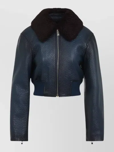 Alaïa Shearling Collar Textured Leather Zipped Jacket In Blue