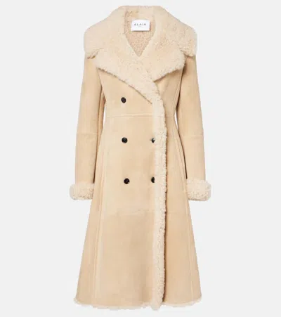 Alaïa Shearling-trimmed Suede Coat In Beige