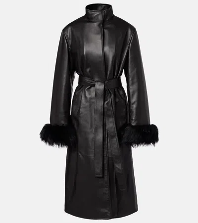 Alaïa Shearling-trimmed Leather Coat In Black