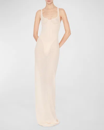 Alaïa Sheer Column Dress With Corset Outline In Peach