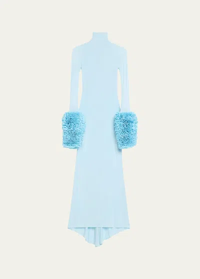 Alaïa Sheer Ruffle Sleeve Body-con Gown In Blue