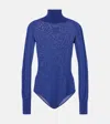 Alaïa Sheer Turtleneck Wool Bodysuit In Blue