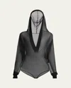 Alaïa Sheer V-neck Hooded Bodysuit In Noir Alaia