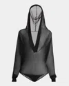 Alaïa Sheer V-neck Hooded Bodysuit In Noir Alaia