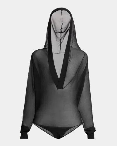 ALAÏA SHEER V-NECK HOODED BODYSUIT