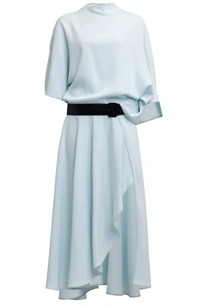 Alaïa Asymmetric Draped Leather-trimmed Cady Midi Dress In Blue