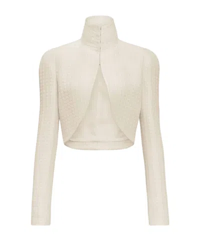 Alaïa Silk Cloqué Cropped Jacket In White