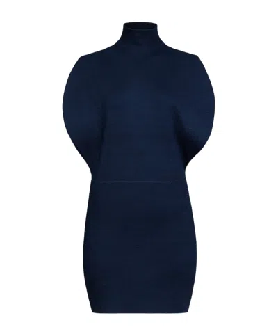 Alaïa Silk Knitted Waist-cinching Dress In Blue