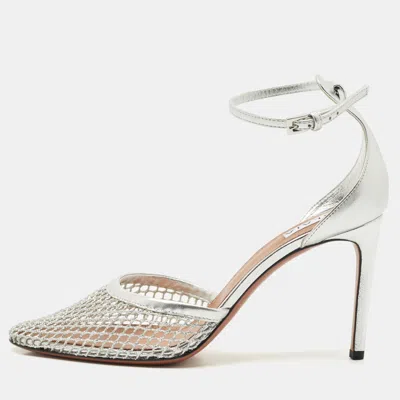 Pre-owned Alaïa Silver Fishnet And Leather Ankle Strap Sandals Size 41