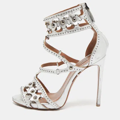 Pre-owned Alaïa Silver Leather Cut Out Studded Ankle Strap Sandals Size 38.5