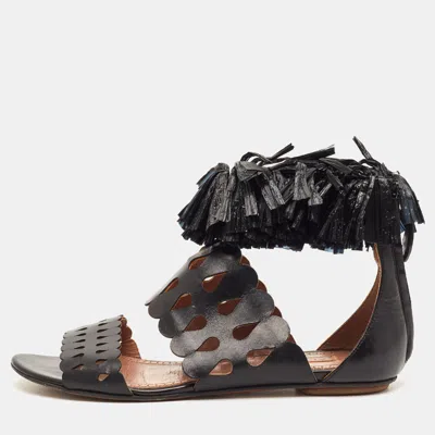 Pre-owned Alaïa Size 36 Black Leather And Straw Cut Out Fringes Flat Sandals