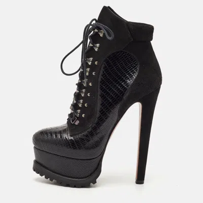 Pre-owned Alaïa Size 36 Black Lizard Leather And Suede Platform Lace Up Ankle Length Boots
