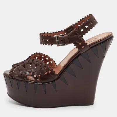 Pre-owned Alaïa Size 36 Dark Brown Leather Platform Wedge Ankle Strap Sandals