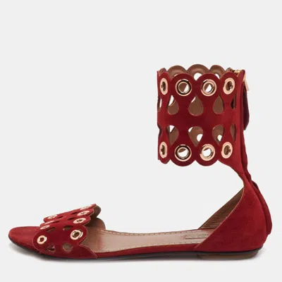 Pre-owned Alaïa Size 36 Red Cut-out Suede Eyelet Embellished Ankle Cuff Flats