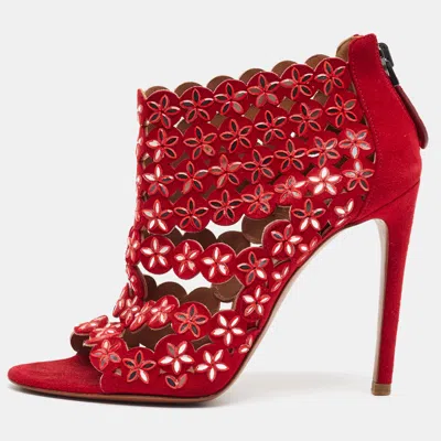 Pre-owned Alaïa Size 36 Red Suede Laser Cut Flower Ankle Strap Sandals