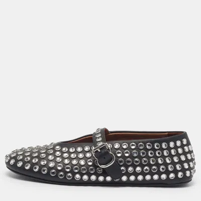 Pre-owned Alaïa Size 37 Black Leather Crystal-embellished Mary Jane Ballet Flats
