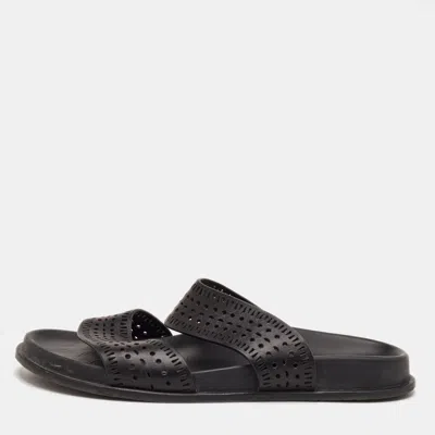 Pre-owned Alaïa Size 37.5 Black Perforated Leather Flat Slide Sandals