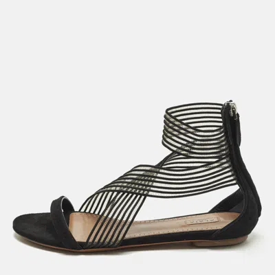 Pre-owned Alaïa Size 38 Black Mesh And Suede Ankle Strap Flat Sandals