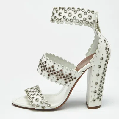 Pre-owned Alaïa Size 38.5 White Leather Ankle Strap Grommet Heel Sandals