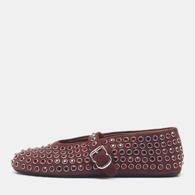 Pre-owned Alaïa Size Mary Jane 37 Burgundy Suede Crystal Embellished Ballet Flats