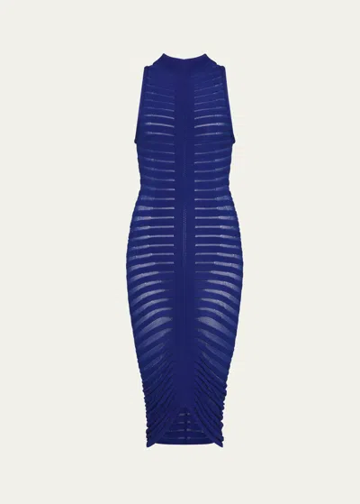 Alaïa Skeleton Sheer Midi Dress In Blue