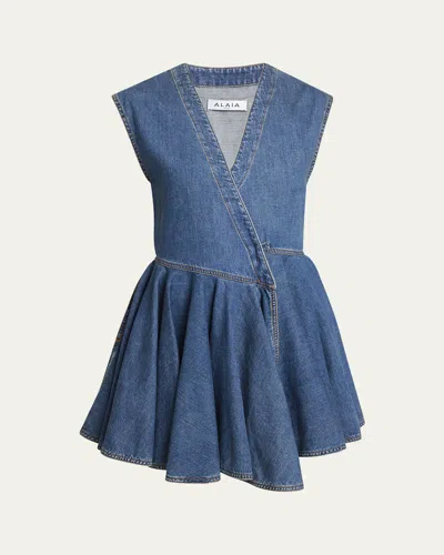 Alaïa Sleeveless Denim Wrap Dress In Blue
