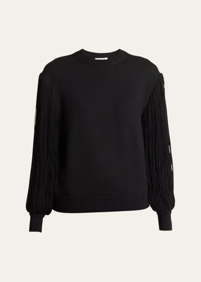 ALAÏA SLIT FRINGE SLEEVE WOOL CREWNECK SWEATER