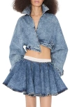 Alaïa Wrap Denim Cropped Asymmetric Jacket In Bleu Neige