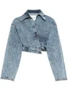Alaïa Wrap Denim Cropped Asymmetric Jacket In Blue