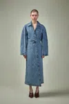 Alaïa Womens Spiral Two-slip-pockets Denim-blend Trench Coat Bleu Neige In Blue