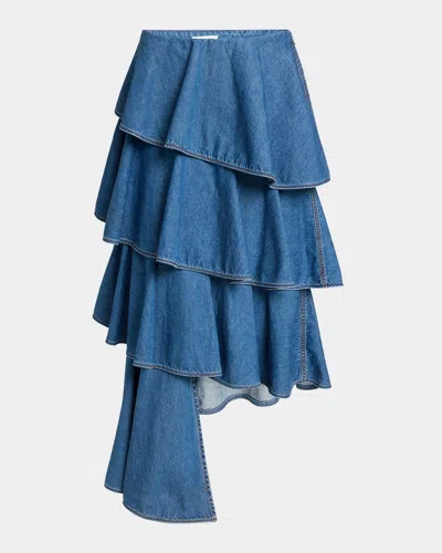 Alaïa Spiral Ruffle Denim Midi Skirt In Blue