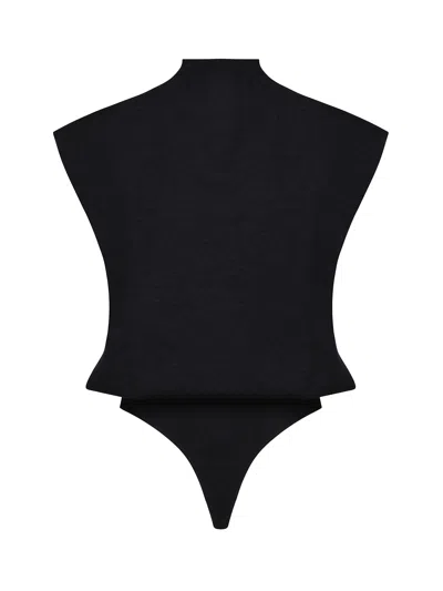 Alaïa Square Bodysuit In Very Thin Merino Wool In Black