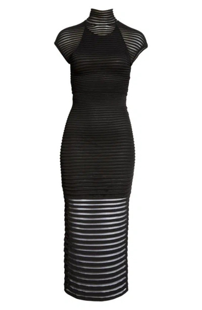 Alaïa Stripe Sheer Mock Neck Dress In Noir