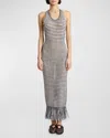 ALAÏA STRIPED CROCHET-KNIT SLEEVELESS MAXI DRESS WITH FRINGE HEM