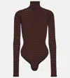 Alaïa Striped Turtleneck Bodysuit In Brown