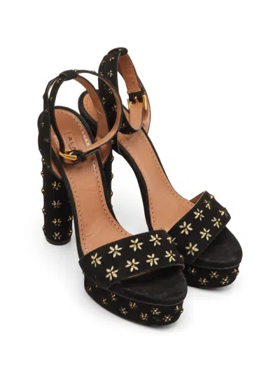 Pre-owned Alaïa Studded Flower Sandals In Black