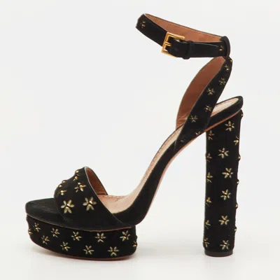 Pre-owned Alaïa Studded Flower Size 40 Black Suede Platform Ankle Strap Sandals