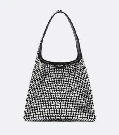 Alaïa Studded Suede-trimmed Leather Shoulder Bag In Gray