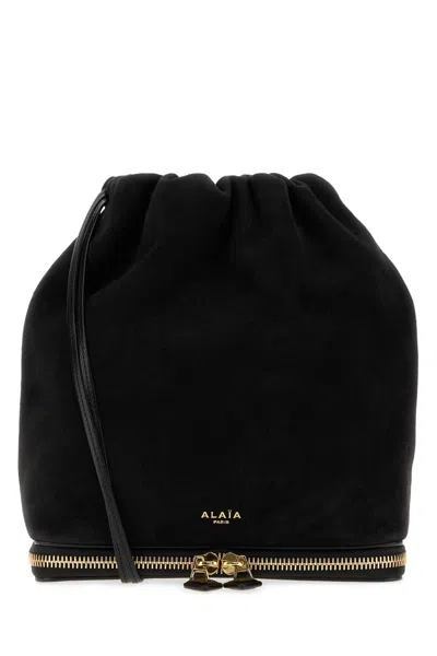 Alaïa Alaia Suede Bucket Handbag With Golden Metal Finish, 20cm X 23cm X 9cm, 33cm Shoulder Strap In Black