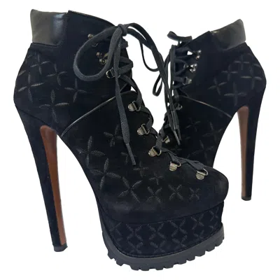 Pre-owned Alaïa Suede Embroidery 2x Platform Hiker Boots Black Eu 38.5 Celeb Style