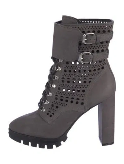 Pre-owned Alaïa Suede Lasercut Accents Combat Boots In Gray