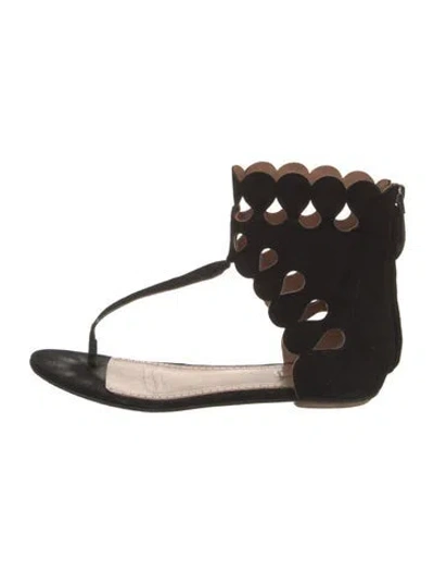 Pre-owned Alaïa Suede Lasercut Accents T-strap Sandals In Black
